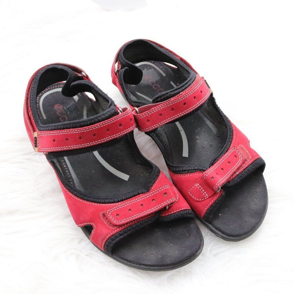 ECCO | Women's Red Nubuck Leather 3 Adjustable Straps Comfort Flat Sandals‎ 41
